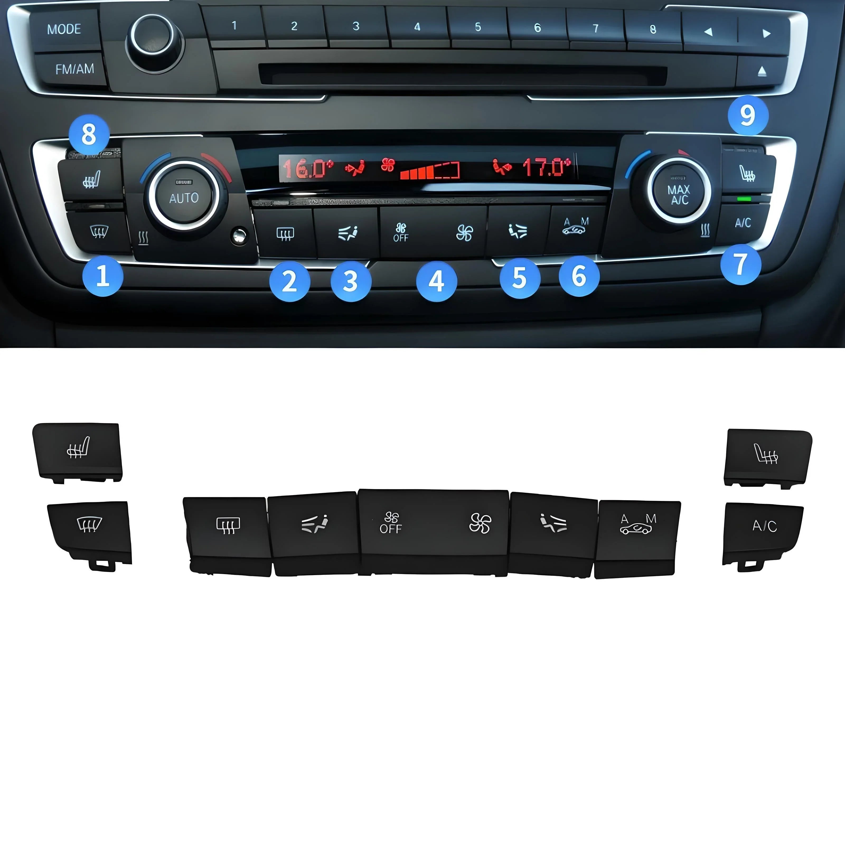 BMW Climate Control Button Set – Black – Compatible with BMW E90 E91 E92 E93 – Front Interior